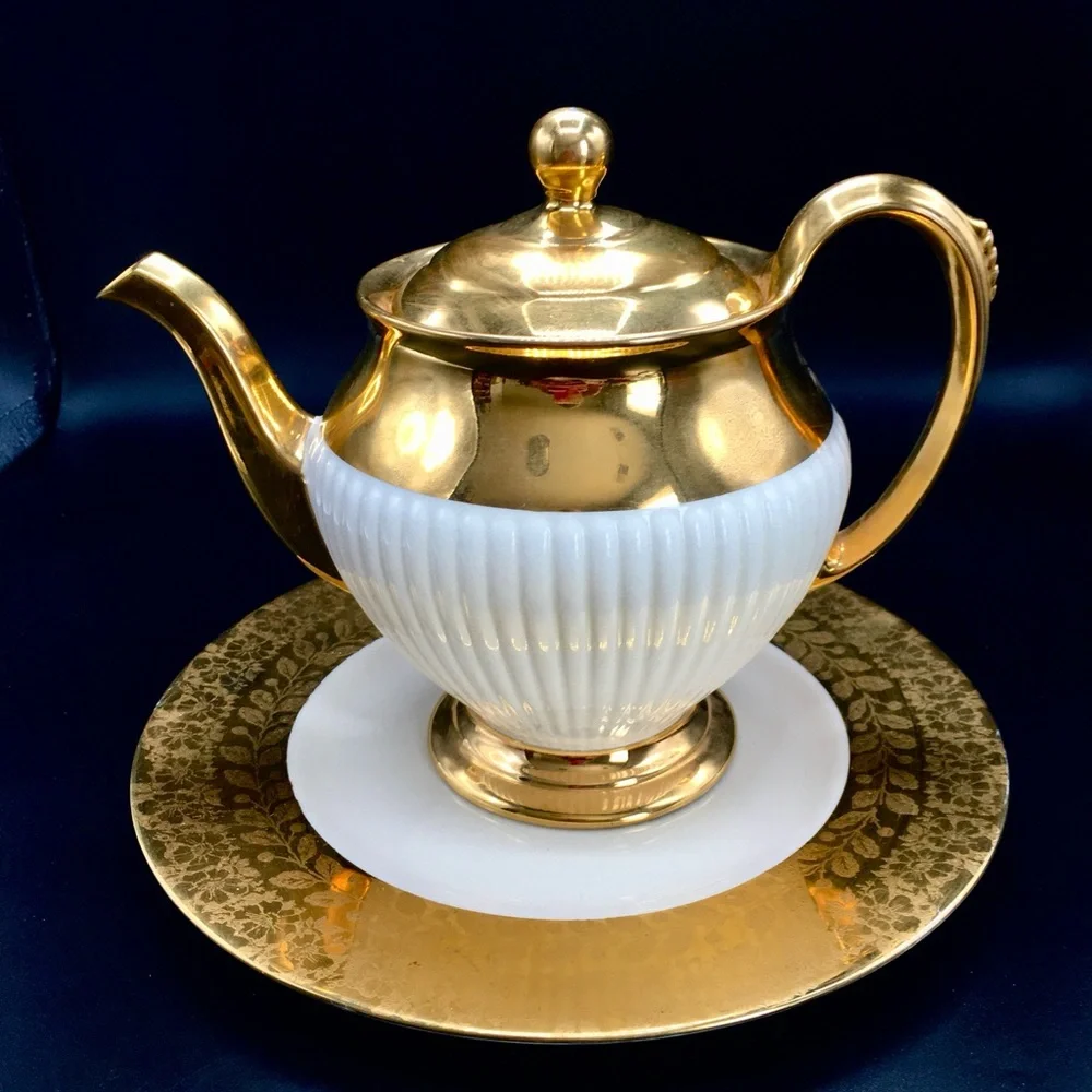 VTG 3Pc Royal Winston Grimwades Art Deco 22k Gold Teapot & Gold Rim Plate